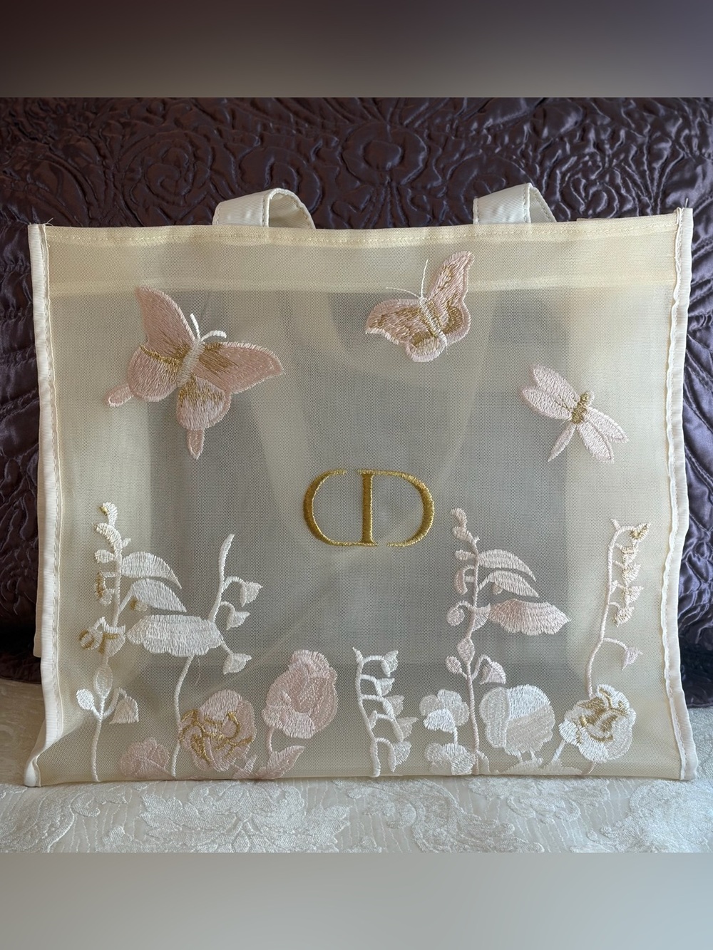 Like New Christian Dior Light Cream Mesh Tote Bag,  Excellent Consition